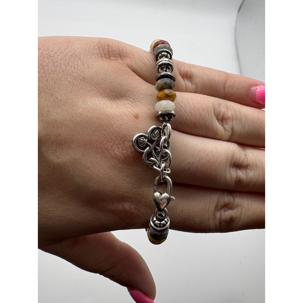Celtic Knot Heart Charm Stone Bead Bracelet Silver Tone Earthy Boho 7.5 Inch